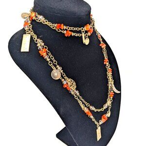 Vintage Coral Charm Necklace Gold tone Crystals Lucite beads Whimsical Celestial